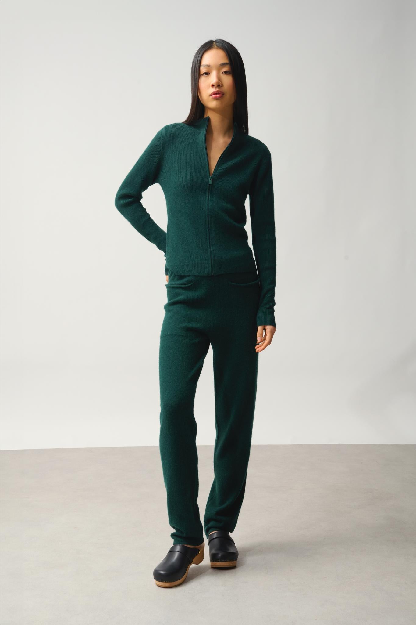 ALBERTE zipped cardigan stand-up collar cypress 100% cashmere