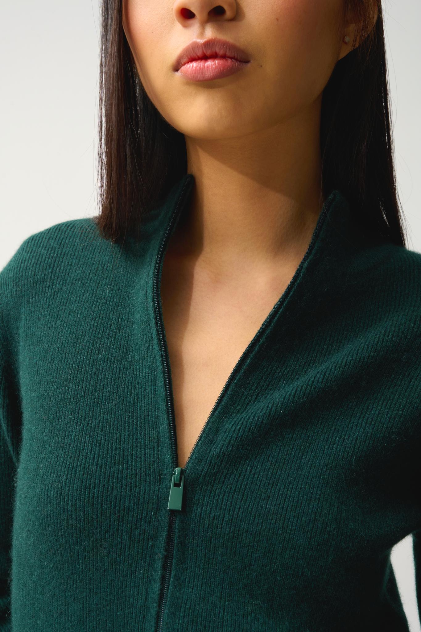ALBERTE zipped cardigan stand-up collar cypress 100% cashmere