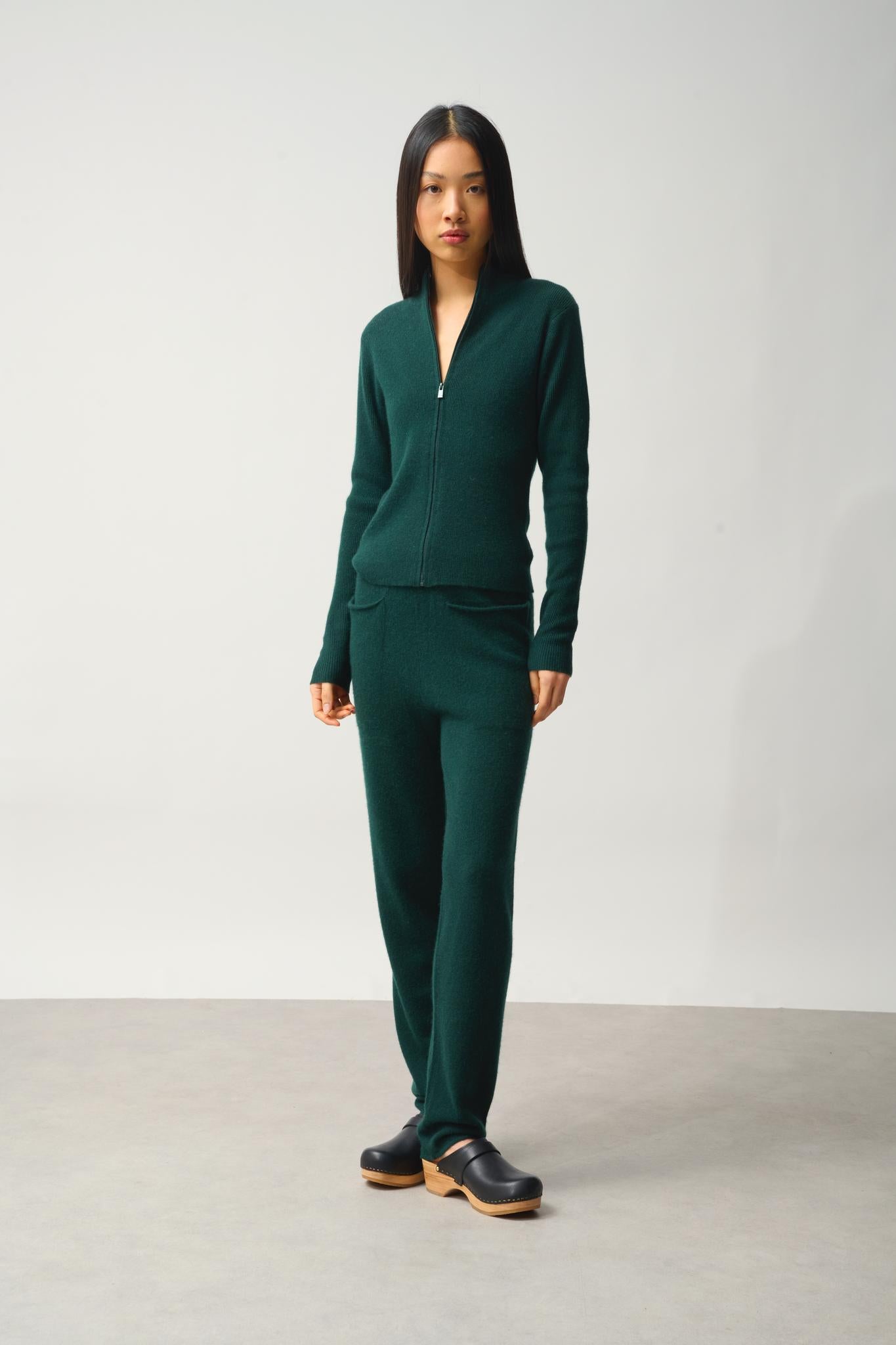 ALBERTE zipped cardigan stand-up collar cypress 100% cashmere