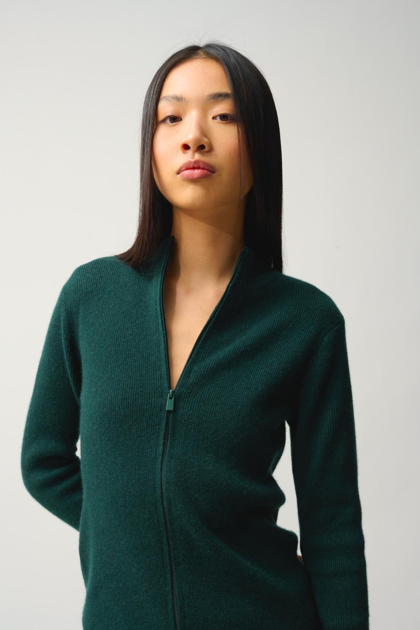 ALBERTE zipped cardigan stand-up collar cypress 100% cashmere