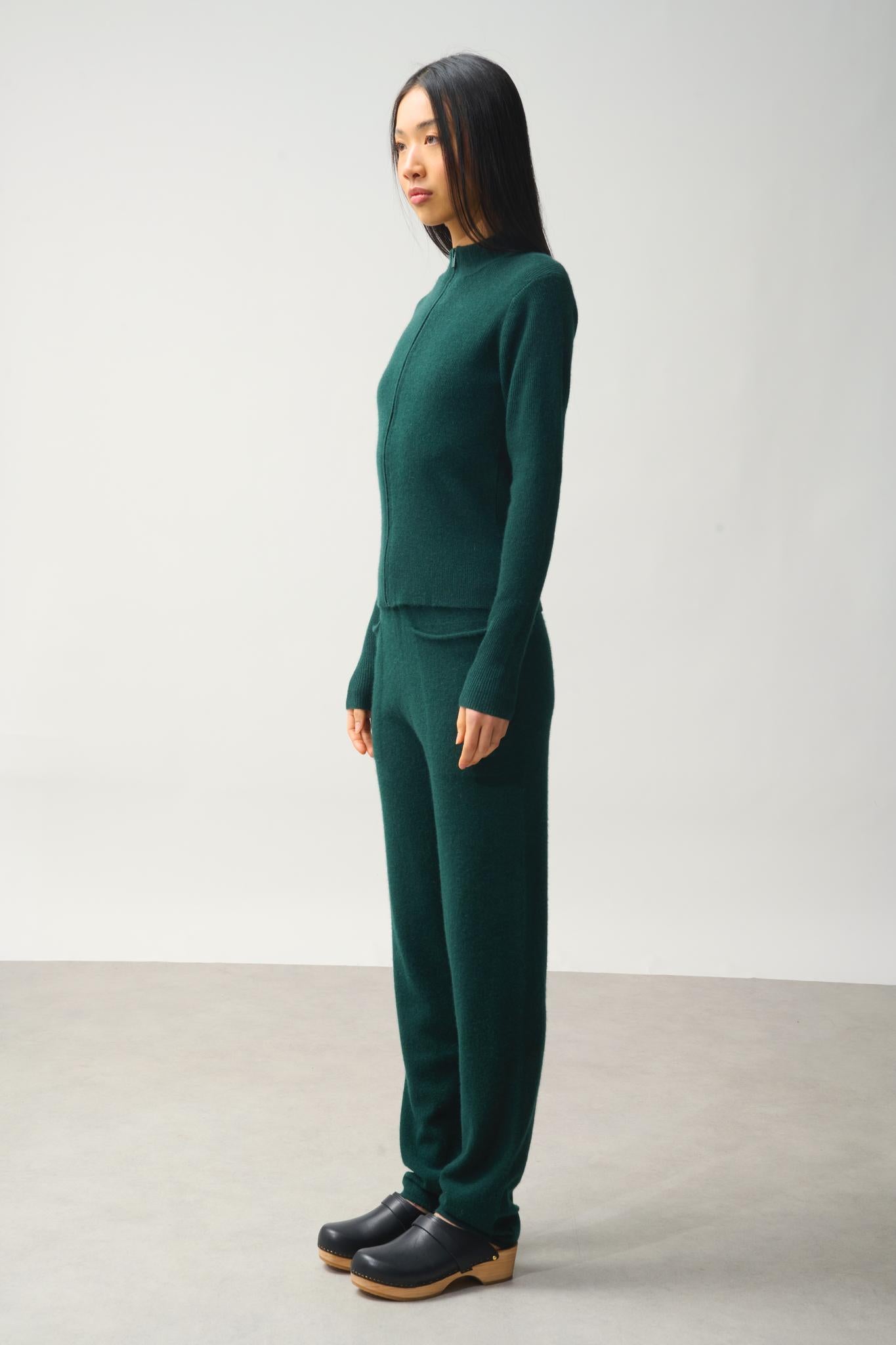 ALBERTE zipped cardigan stand-up collar cypress 100% cashmere