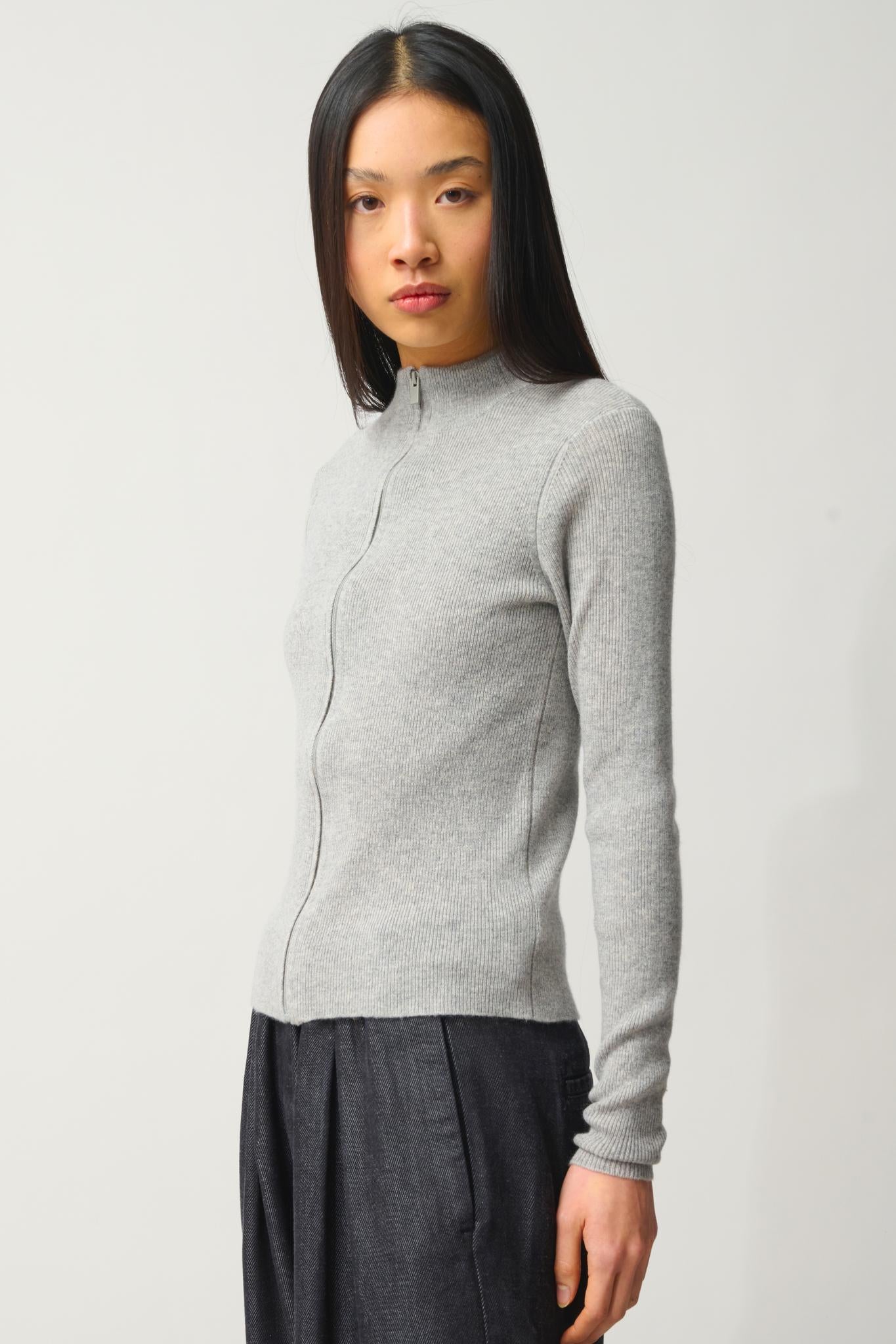 ALBERTE zipped cardigan stand collar mottled grey 100% cashmere