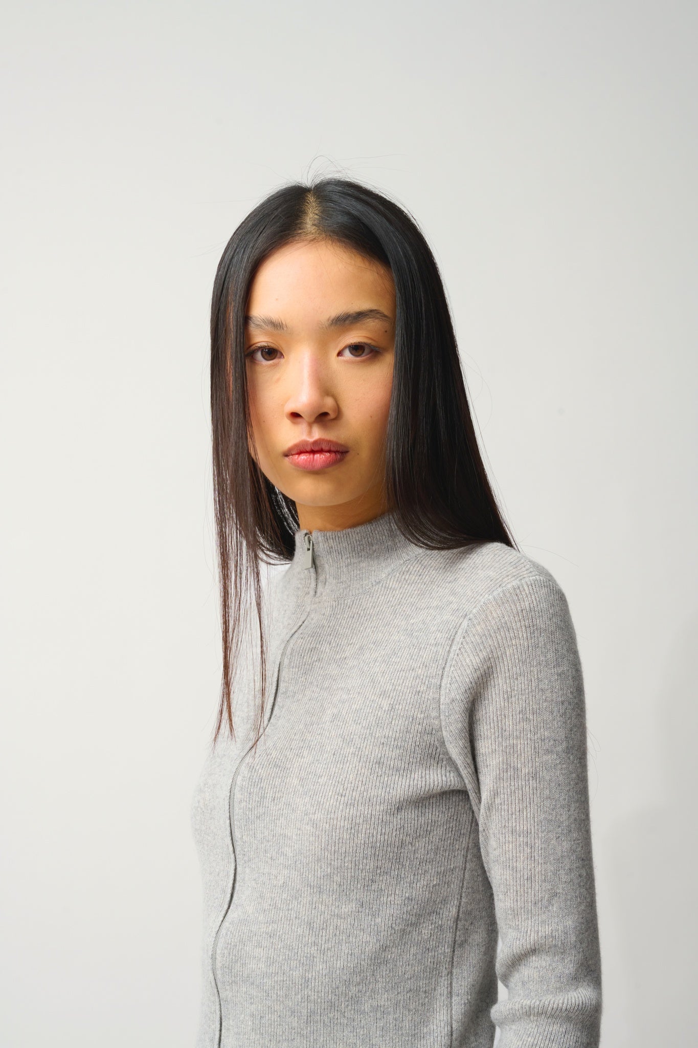 ALBERTE gilet zippé col montant gris chiné 100% cachemire