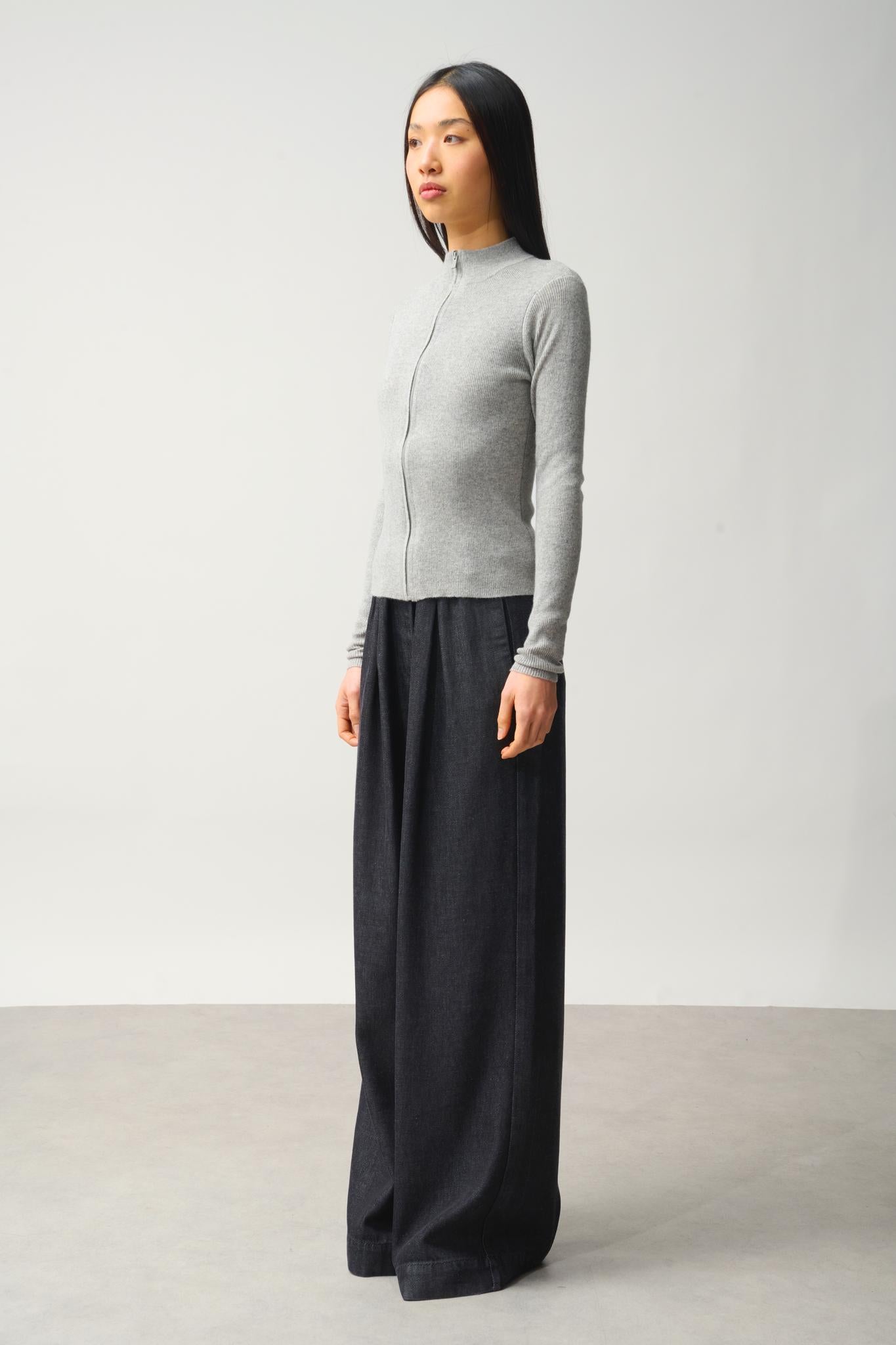 ALBERTE zipped cardigan stand collar mottled grey 100% cashmere