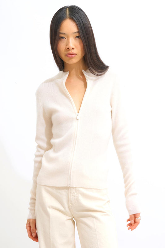 ALBERTE zipped cardigan stand-up collar snow 100% cashmere