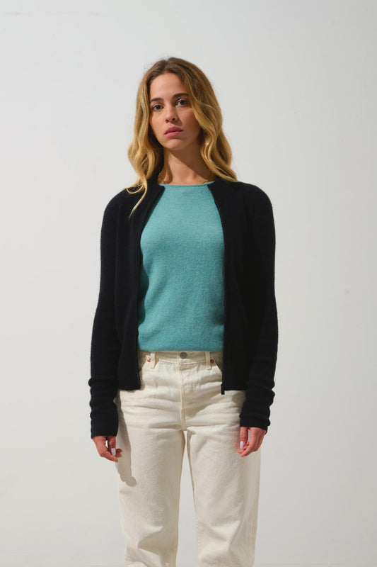 ALBERTE black high-neck zip cardigan 100% cashmere