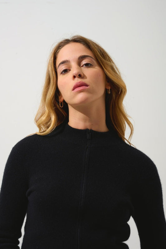 ALBERTE gilet zippé col montant noir 100% cachemire
