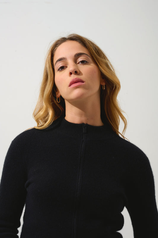 ALBERTE gilet zippé col montant noir 100% cachemire