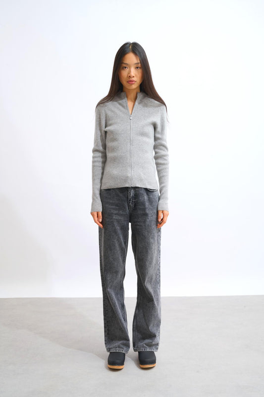 ALBERTE high neck zipped cardigan cloud mottled 100% cashmere