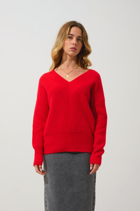 ALPANDE pull col v 8 fils carmin 100% cachemire