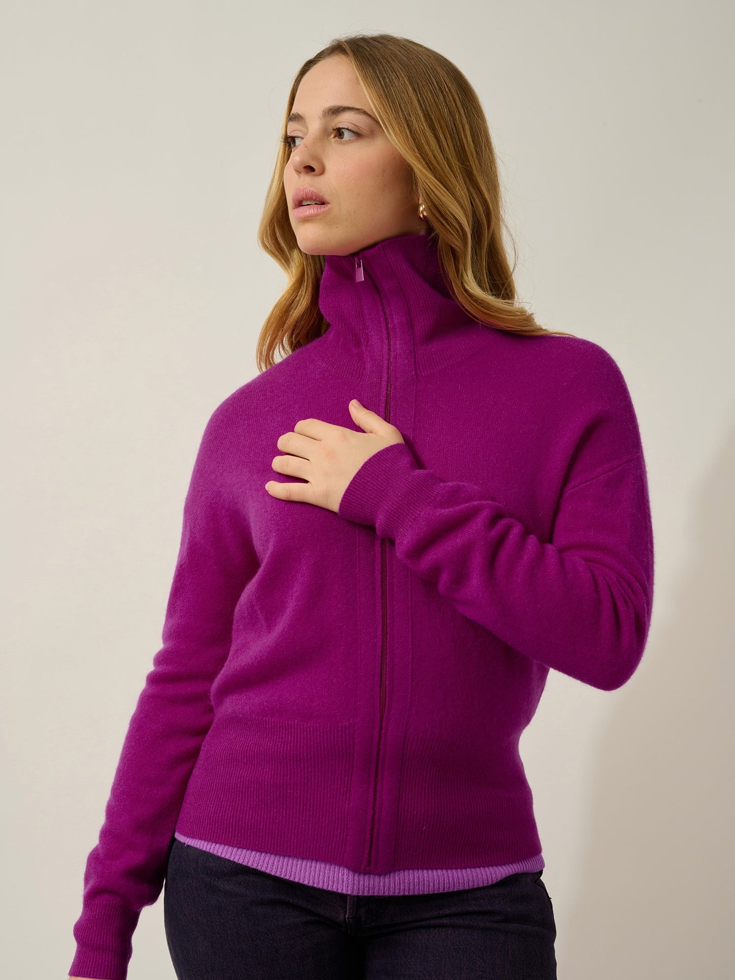 annelise gilet zippé col camionneur violine 100% cachemire