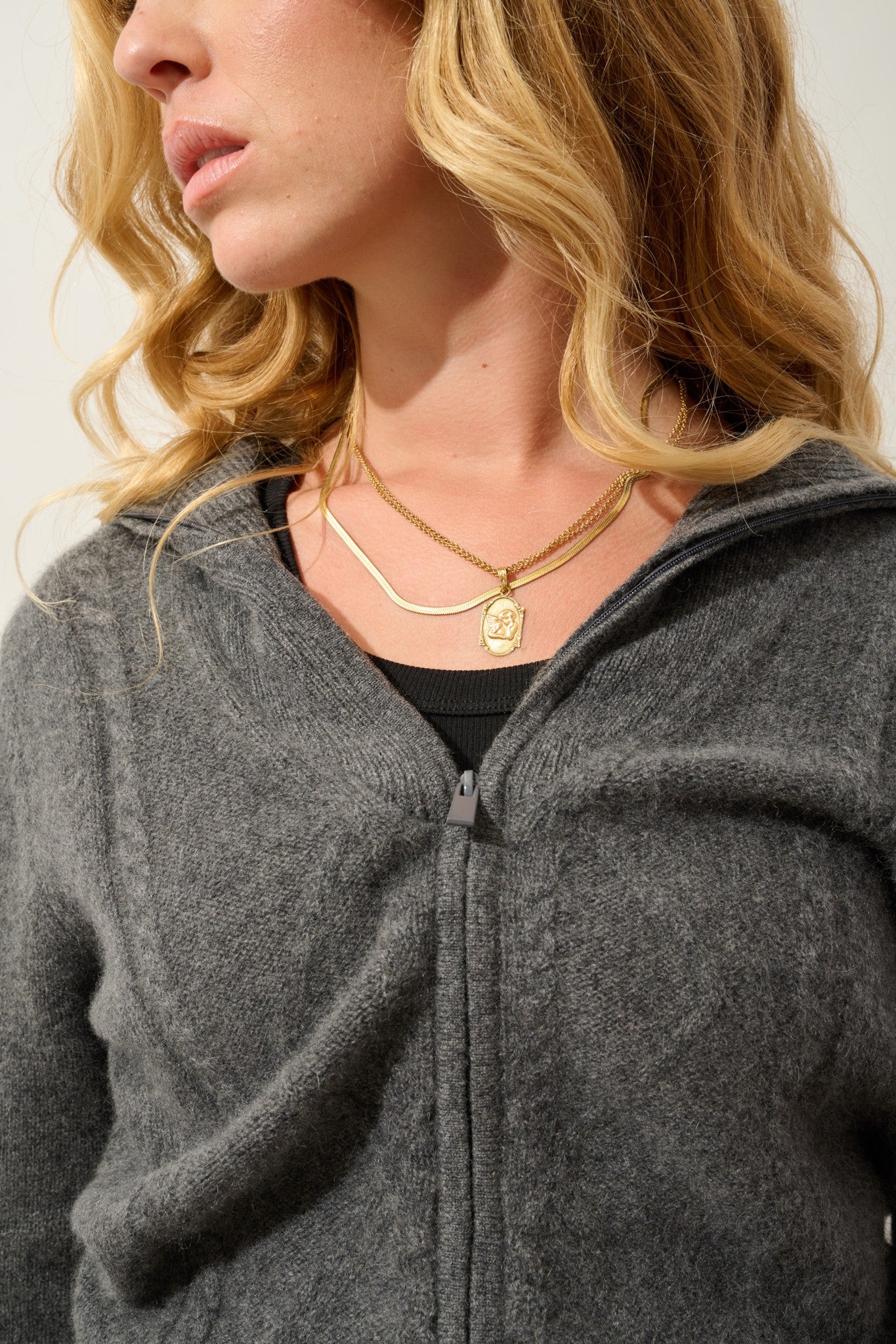 antigo gilet zippé col camionneur 4 fils anthracite chiné 100% cachemire