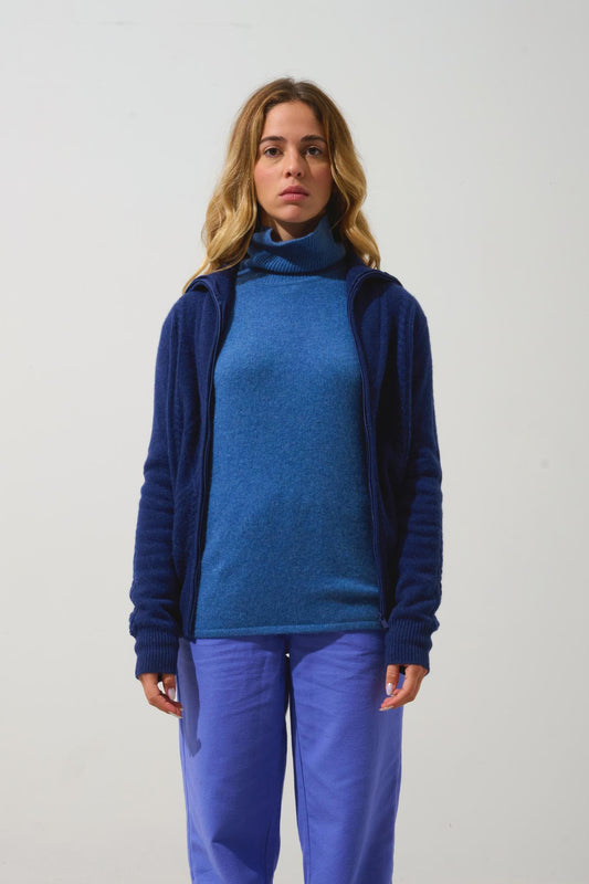 ANTIGO 4-thread trucker-collar zip cardigan midnight blue 100% cashmere