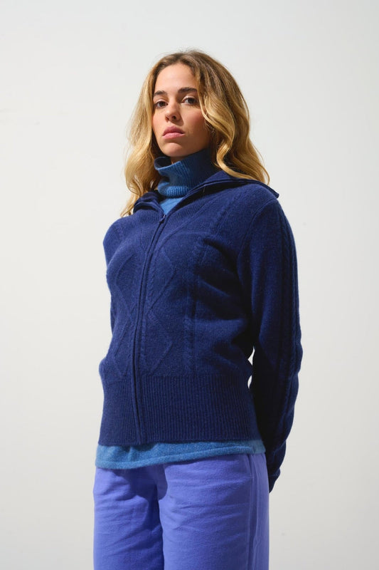 ANTIGO gilet zippé col camionneur 4 fils bleu nuit 100% cachemire