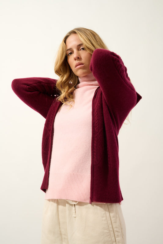 antigo gilet zippé col camionneur 4 fils bordeaux 100% cachemire