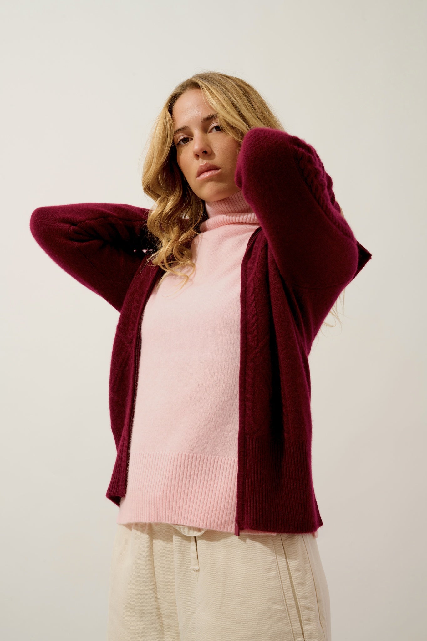 ANTIGO gilet zippé col camionneur 4 fils bordeaux 100% cachemire