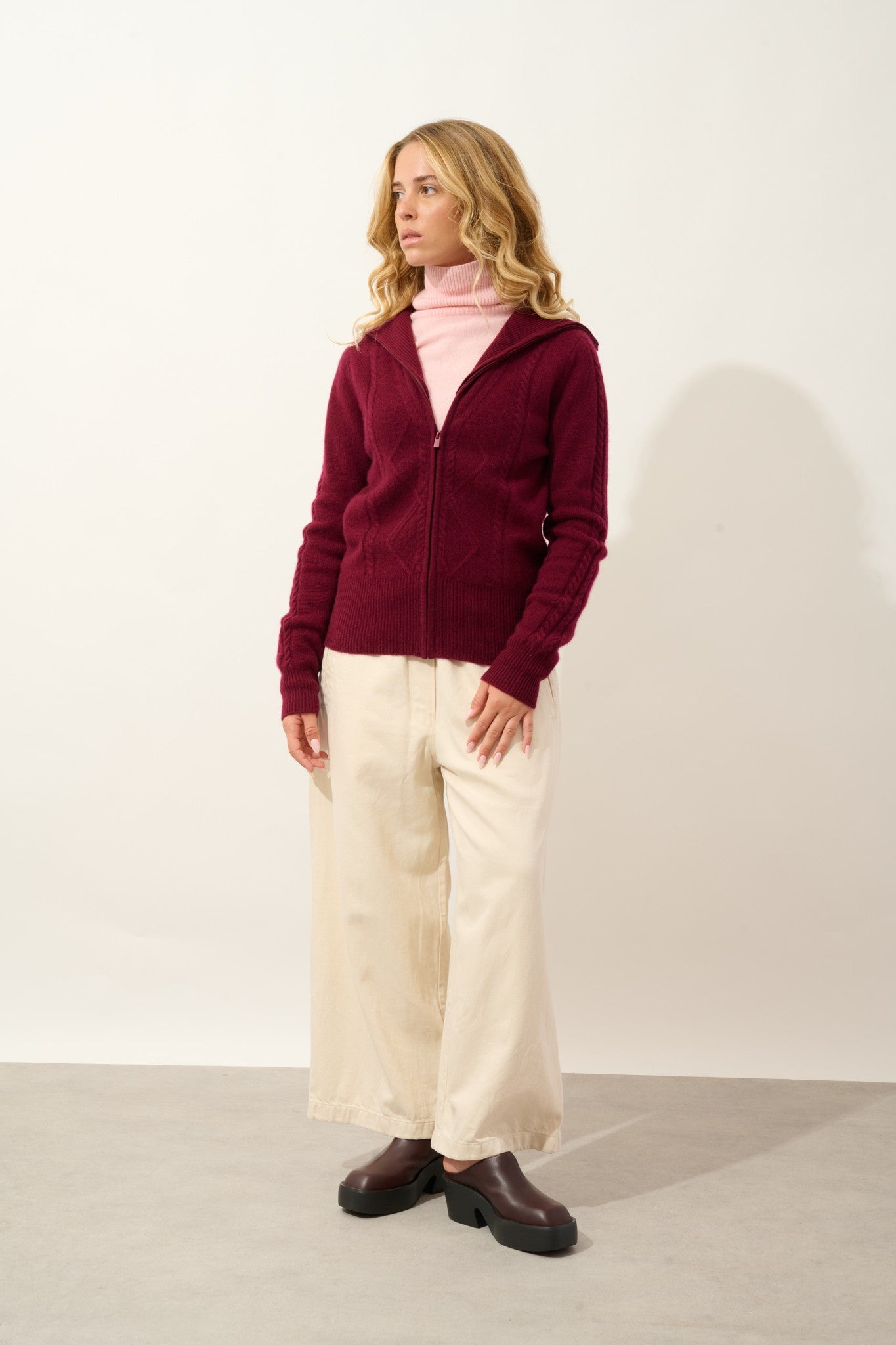 antigo gilet zippé col camionneur 4 fils bordeaux 100% cachemire