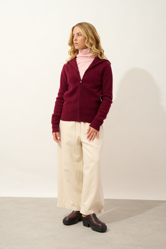 antigo gilet zippé col camionneur 4 fils bordeaux 100% cachemire