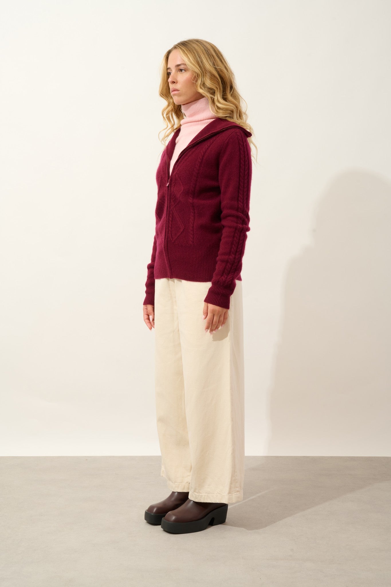 antigo gilet zippé col camionneur 4 fils bordeaux 100% cachemire