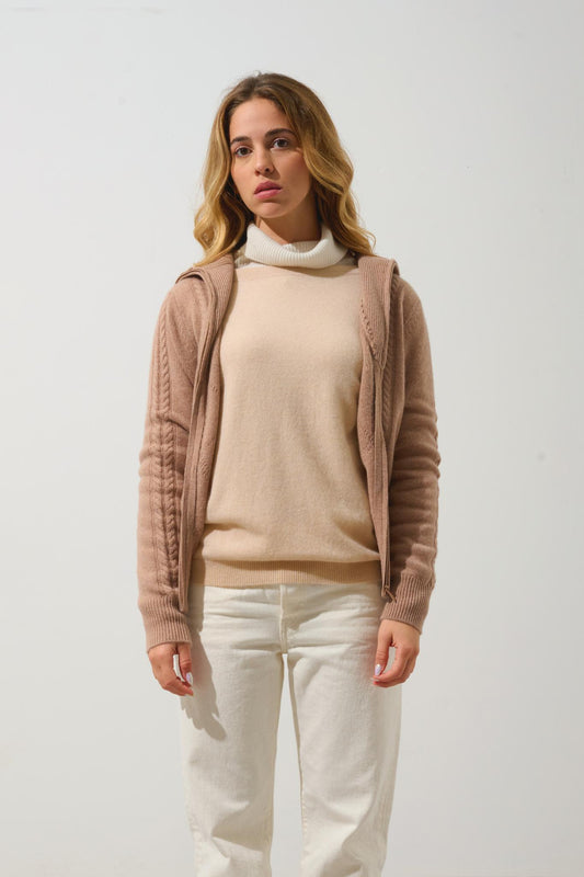 ANTIGO 4-thread camel mottled 100% cashmere cardigan with zipper collar