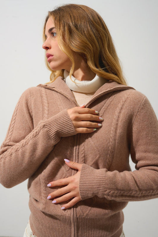 ANTIGO 4-thread camel mottled 100% cashmere cardigan with zipper collar