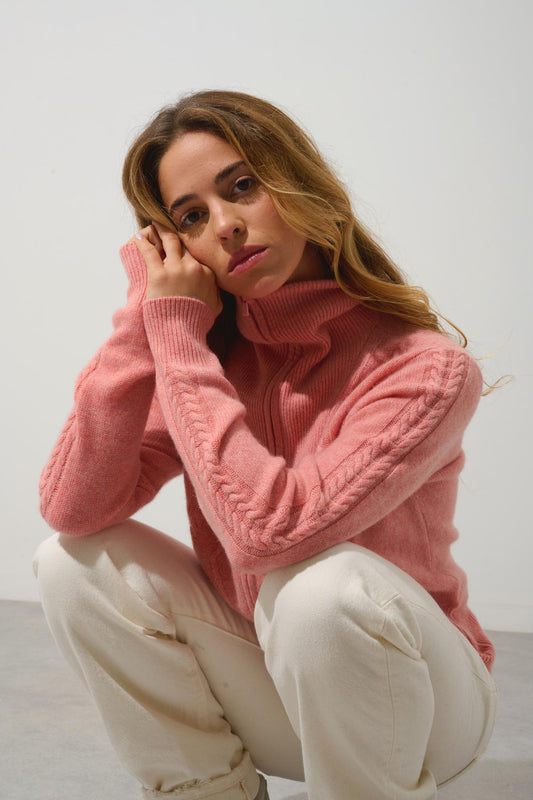 ANTIGO vest with zipper, 4-thread trucker collar, mottled coral 100% cashmere