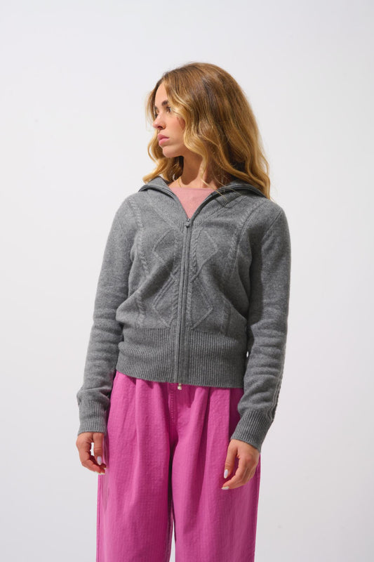 ANTIGO 4-thread flannel trucker-collar zip-up cardigan 100% cashmere chiné