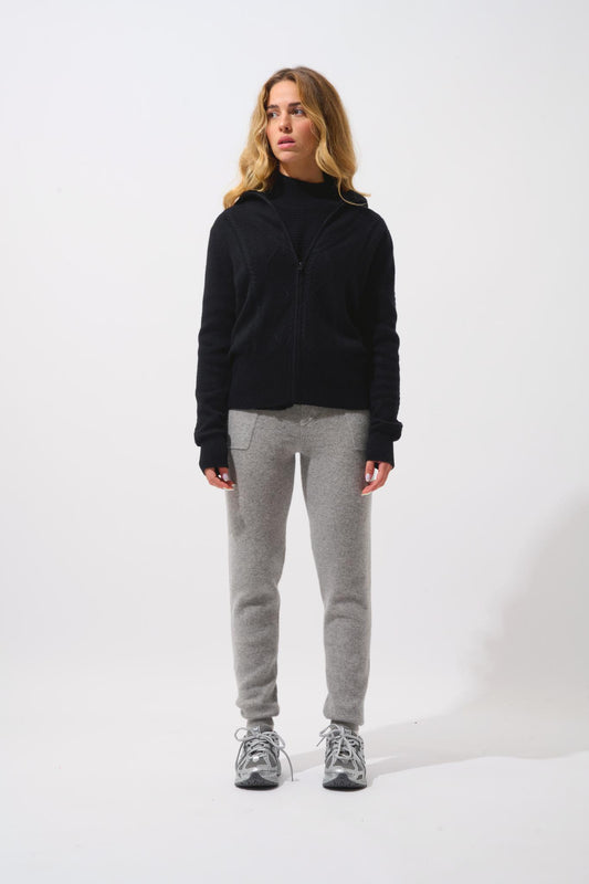 ANTIGO black 100% cashmere 4-thread trucker-collar zip-up cardigan