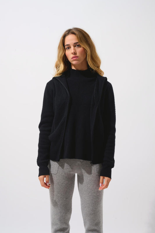 ANTIGO black 100% cashmere 4-thread trucker-collar zip-up cardigan