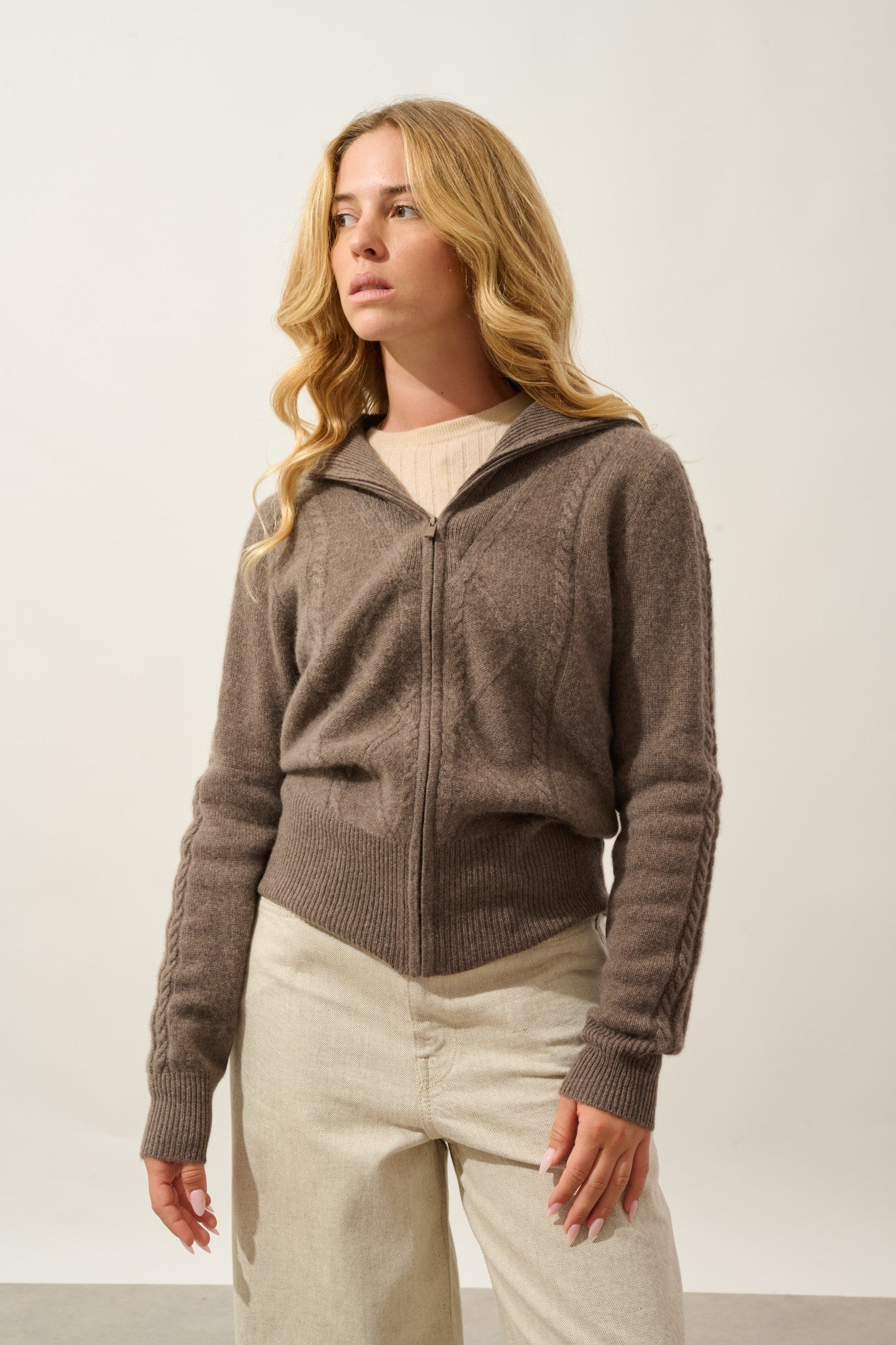 antigo gilet zippé col camionneur 4 fils taupe chiné 100% cachemire