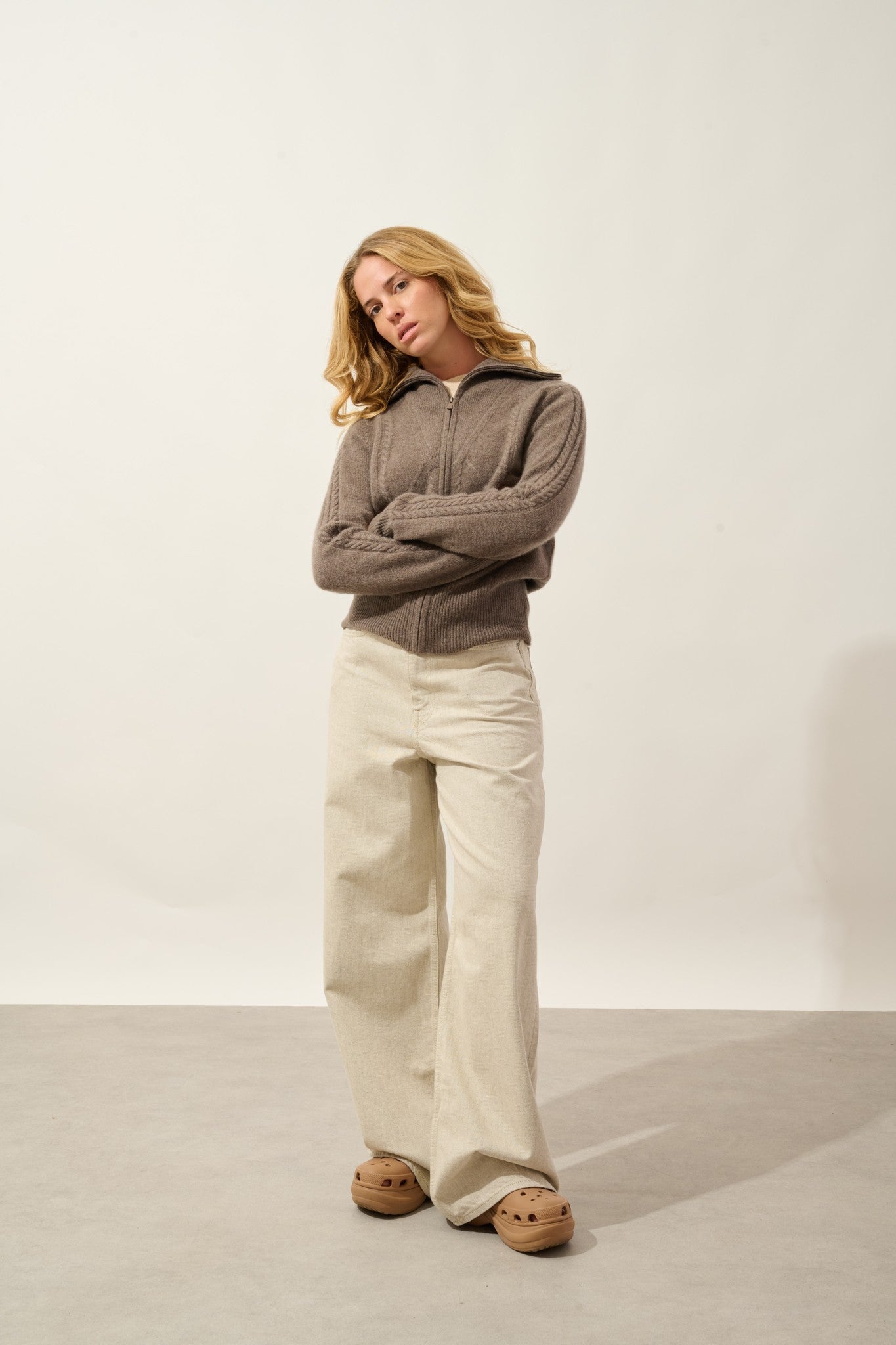 antigo gilet zippé col camionneur 4 fils taupe chiné 100% cachemire