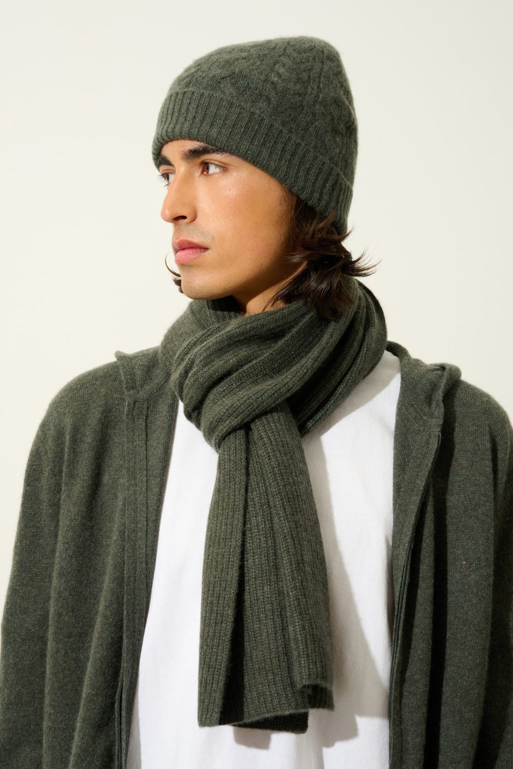 APOLLINE écharpe 4 fils kaki chiné 100% cachemire