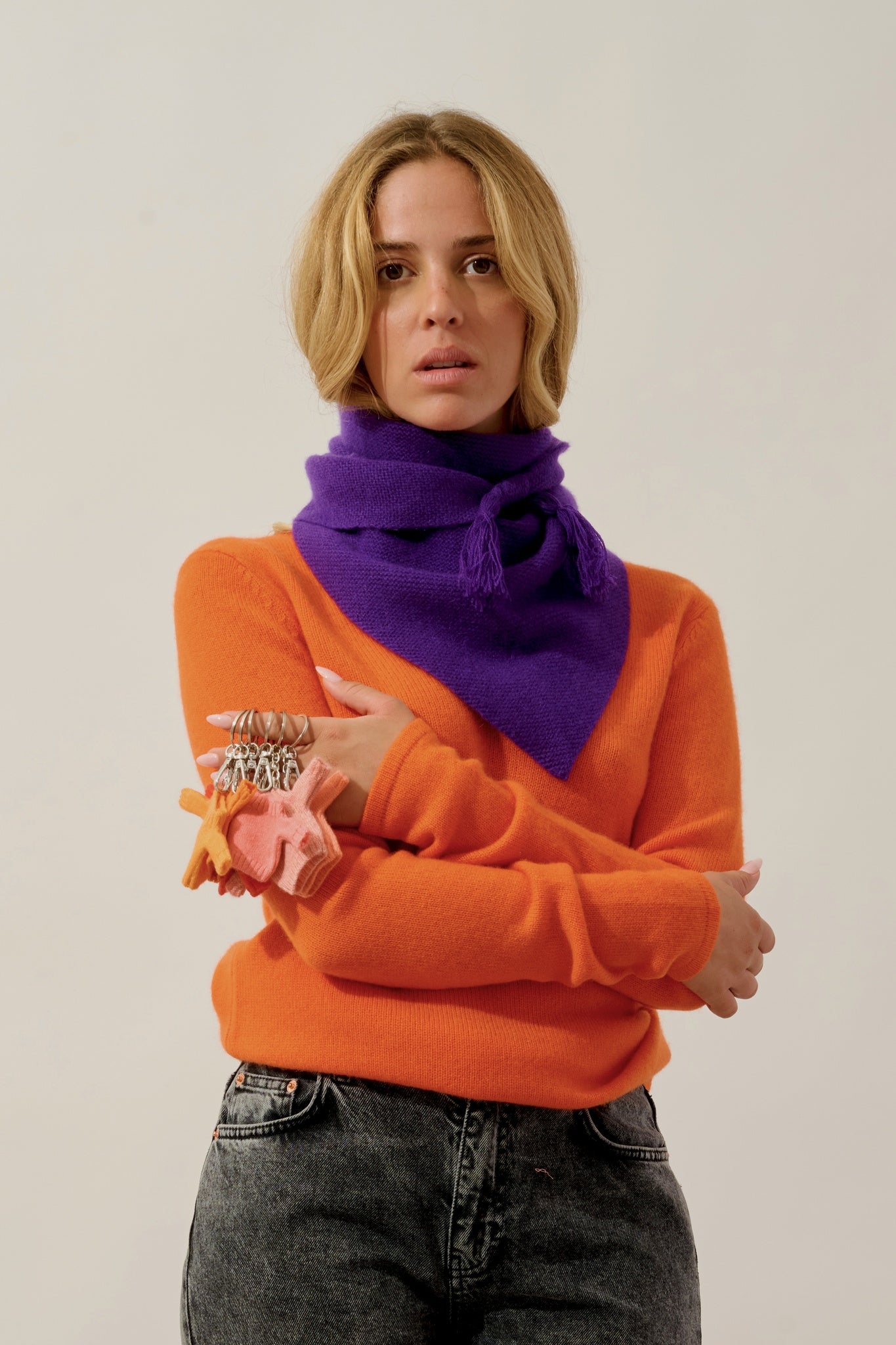 ARELIS écharpe triangle avec franges 4 fils violette 100% cachemire