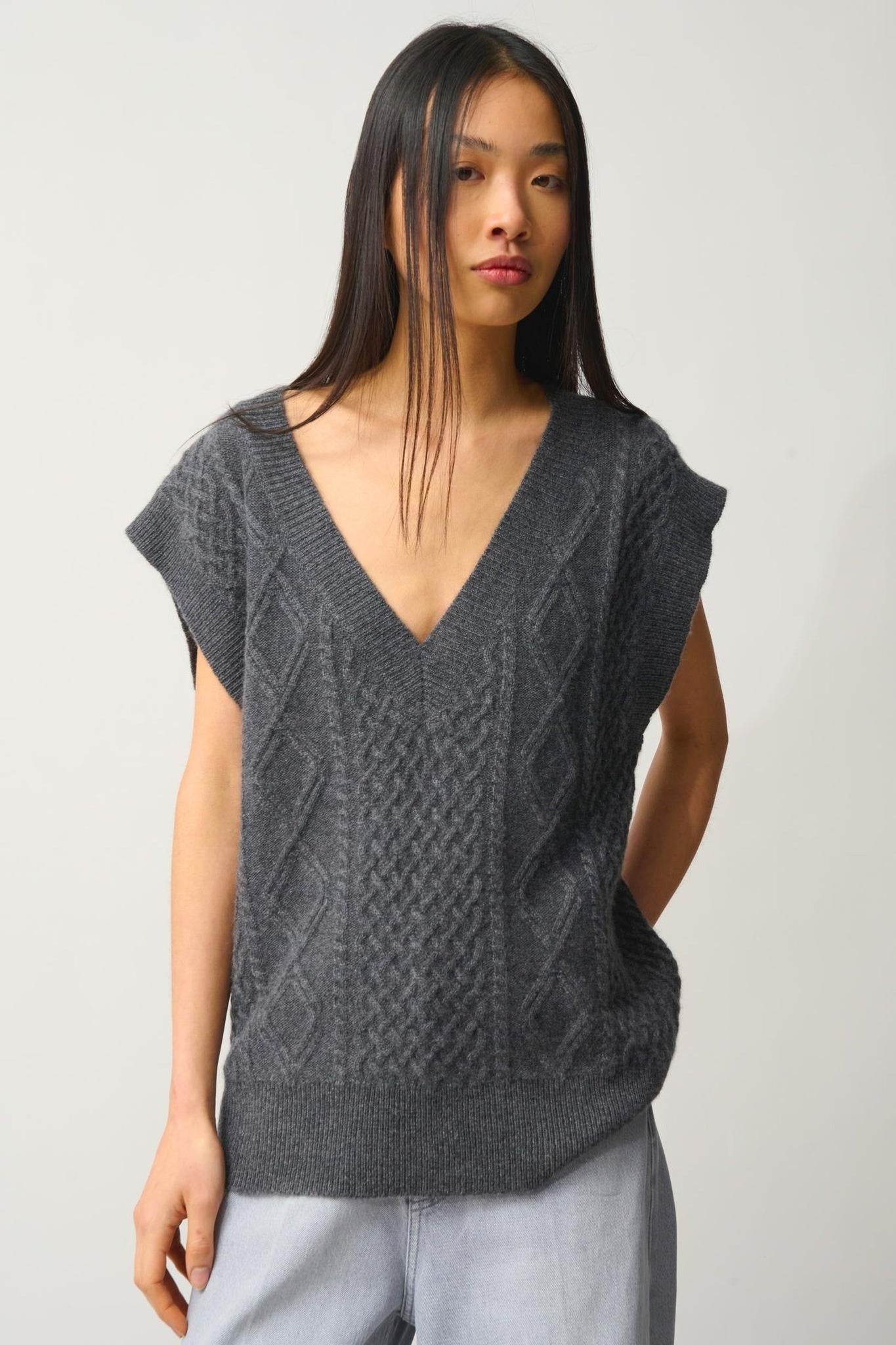 ASLOG sleeveless v-neck sweater 4 threads anthracite mottled 100% cashmere
