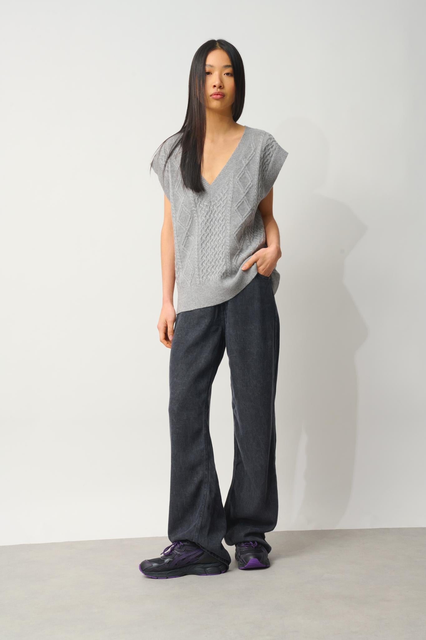 ASLOG pull col v sans manches 4 fils nuage chiné 100% cachemire