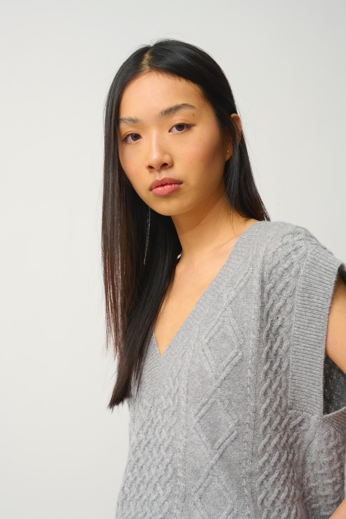 ASLOG pull col v sans manches 4 fils nuage chiné 100% cachemire