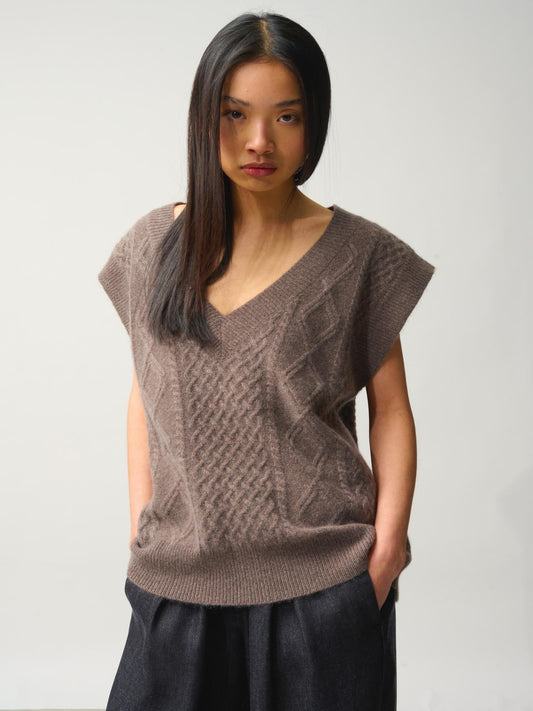 ASLOG pull col v sans manches 4 fils taupe chiné 100% cachemire