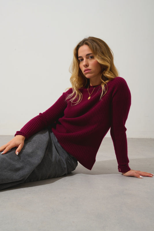 assia pull col montant boutons poignets bordeaux 100% cachemire