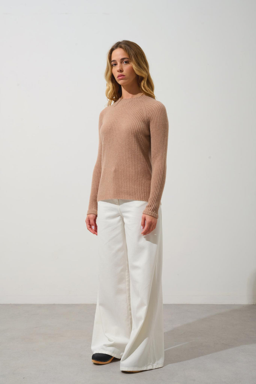 ASSIA sweater stand-up collar button cuffs camel mottled 100% cashmere