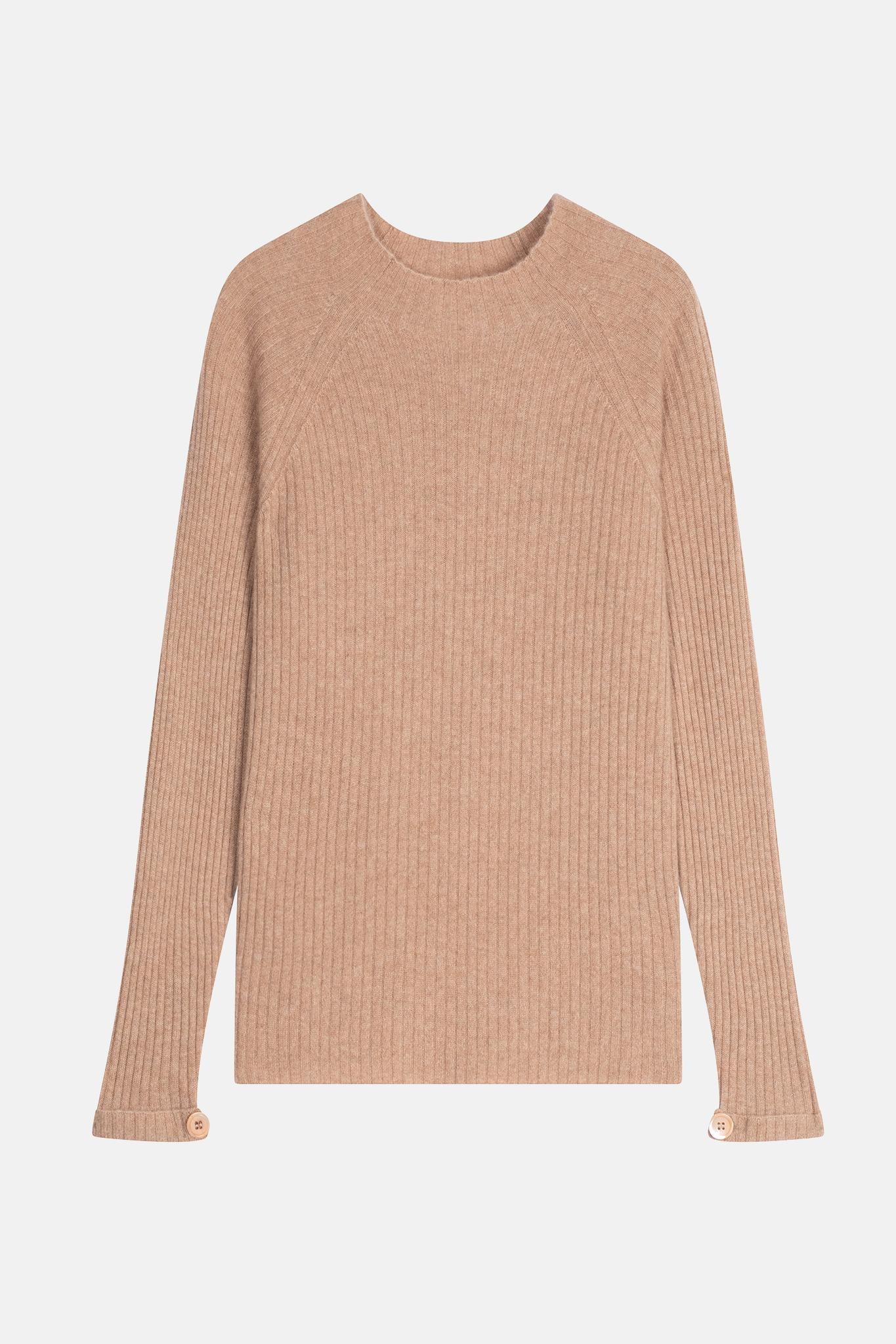 ASSIA sweater stand-up collar button cuffs camel mottled 100% cashmere
