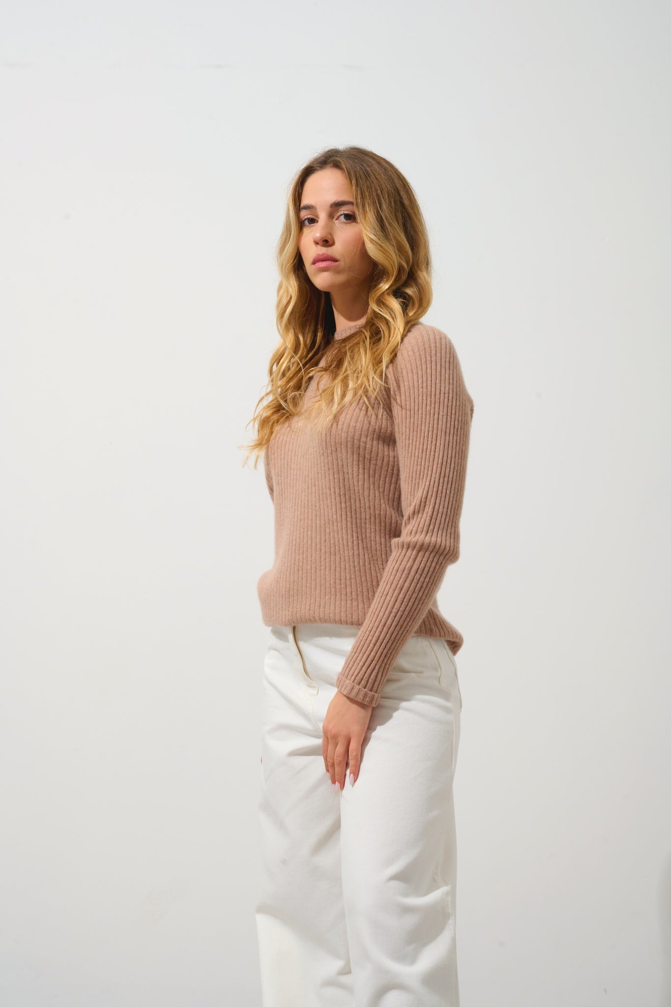 ASSIA sweater stand-up collar button cuffs camel mottled 100% cashmere