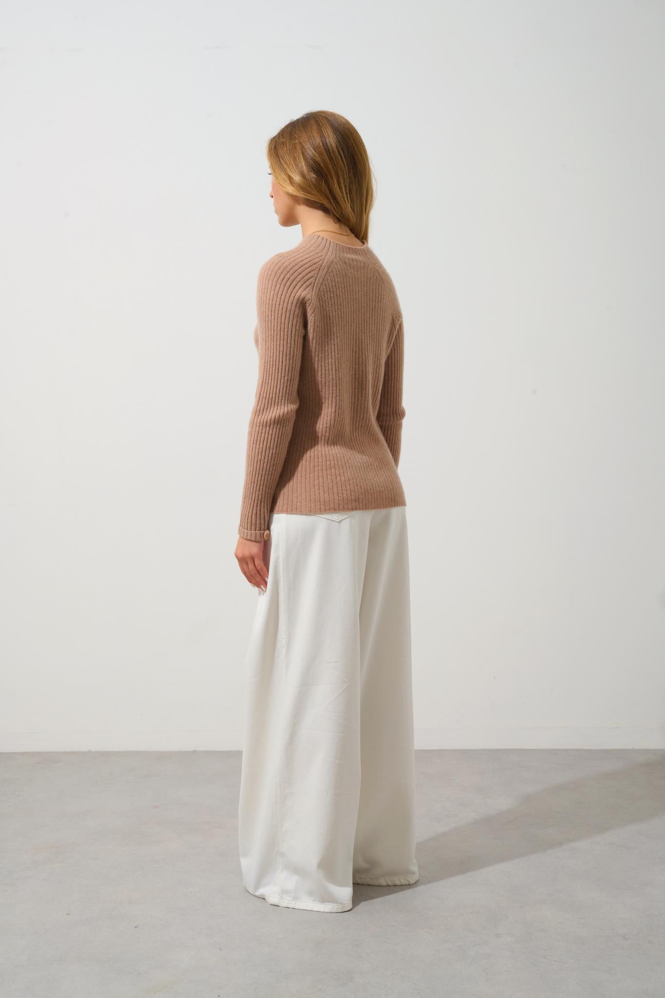 ASSIA sweater stand-up collar button cuffs camel mottled 100% cashmere