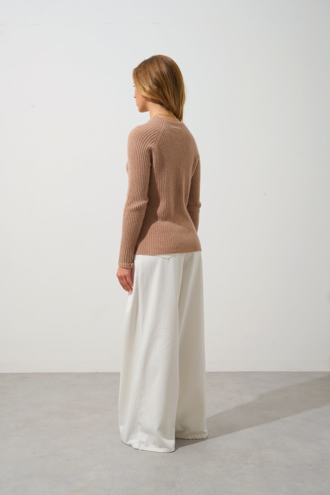 ASSIA sweater stand-up collar button cuffs camel mottled 100% cashmere