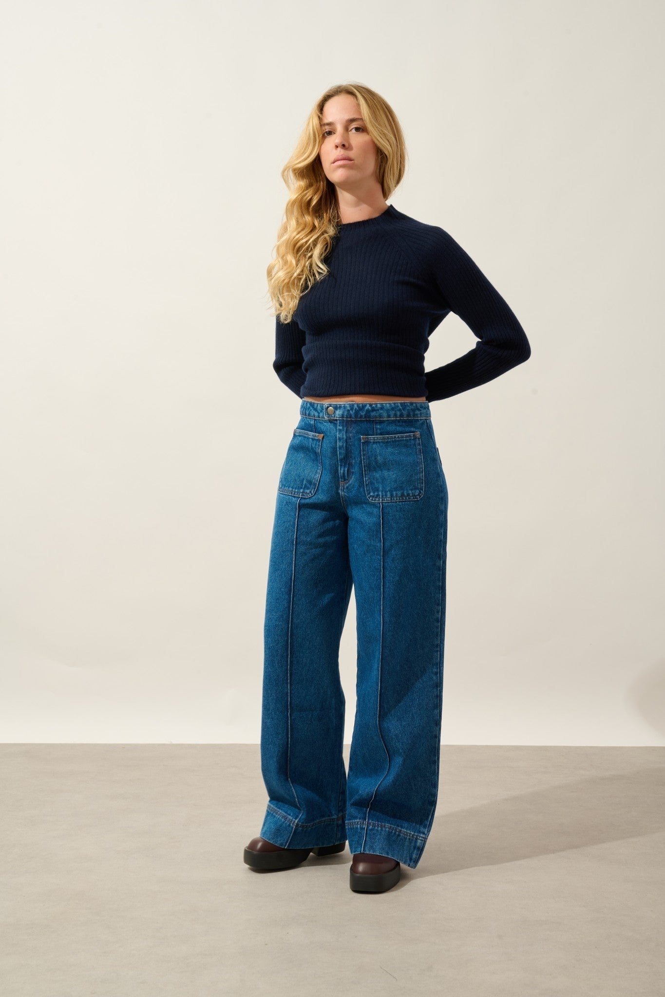 assia pull col montant boutons poignets navy 100% cachemire