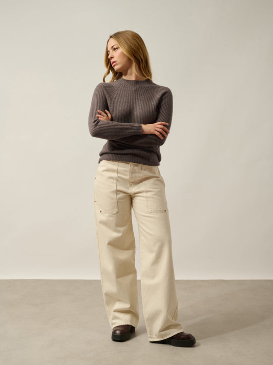 ASSIA pull col montant boutons poignets taupe chiné 100% cachemire