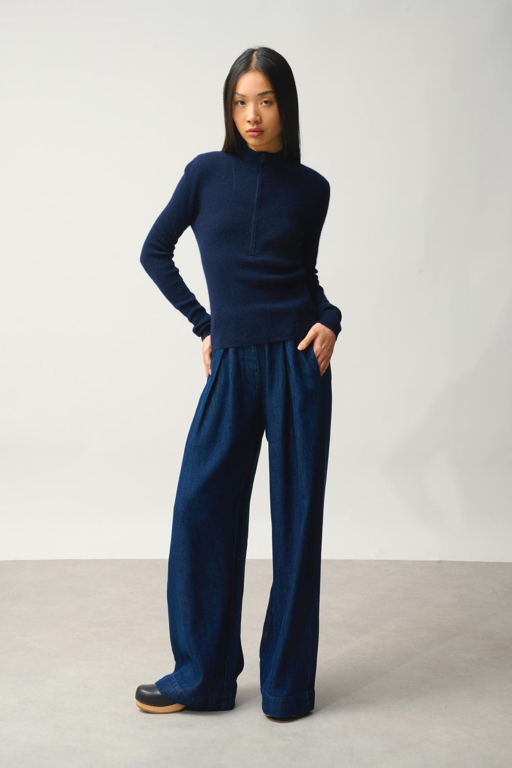 ASTA navy 100% cashmere trucker sweater