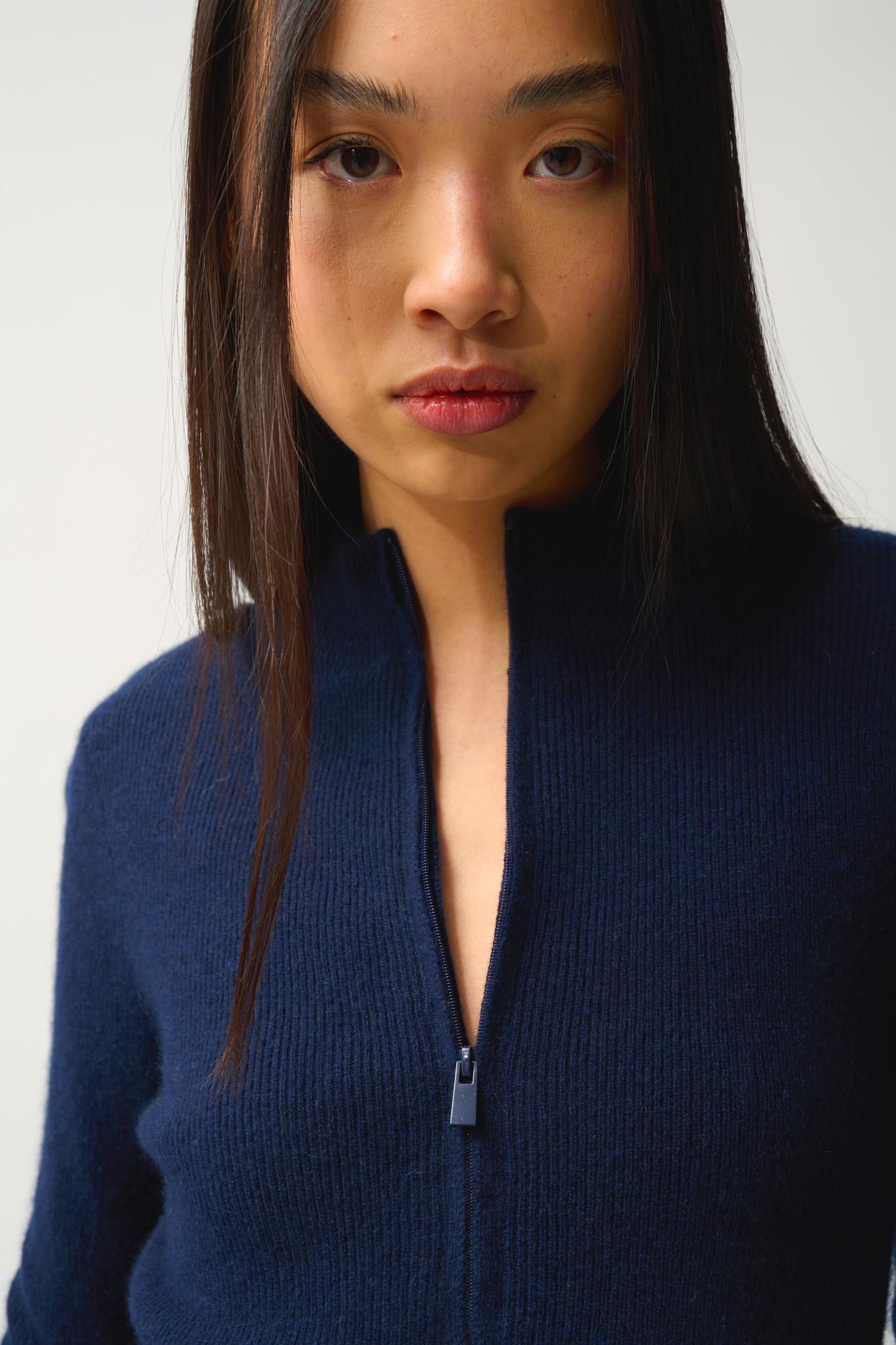 ASTA navy 100% cashmere trucker sweater