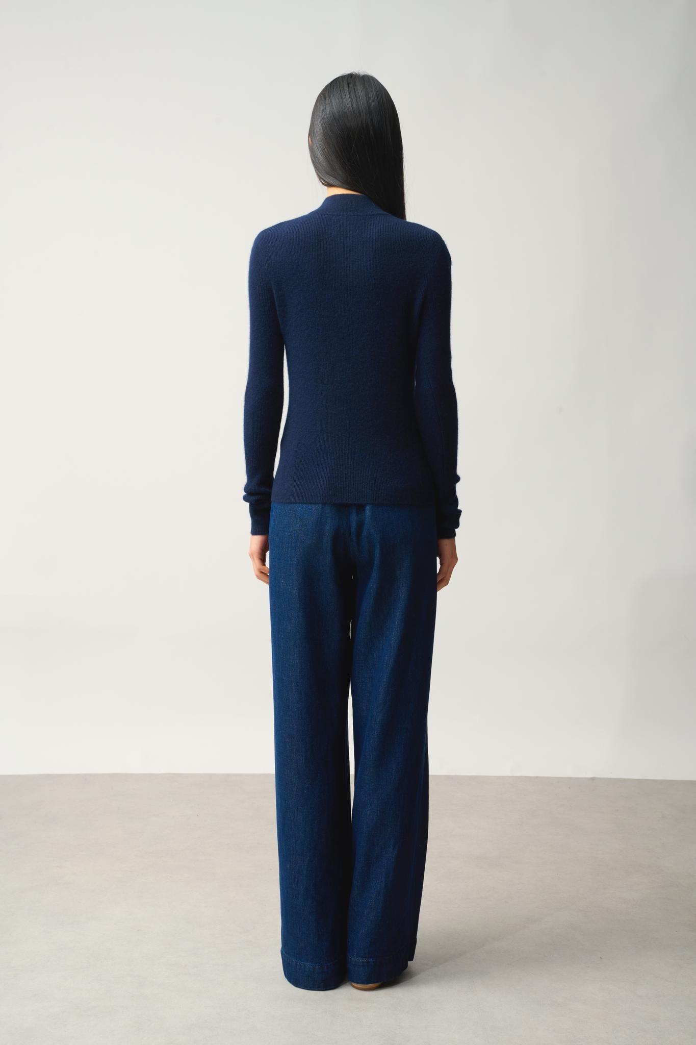 ASTA navy 100% cashmere trucker sweater