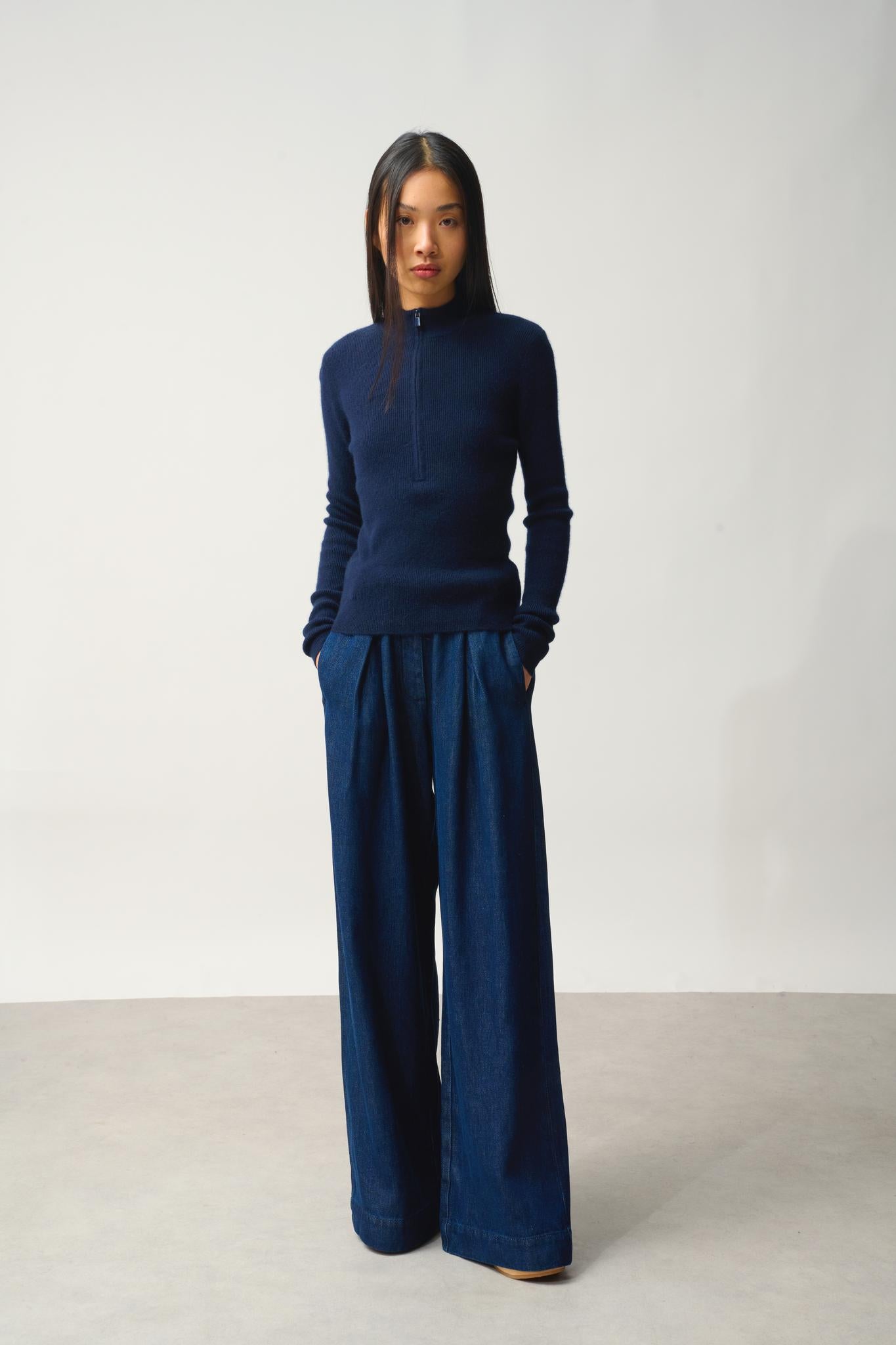 ASTA navy 100% cashmere trucker sweater