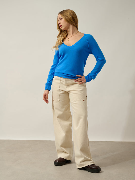 GIUSALET pull col v bleu celeste 100% cachemire